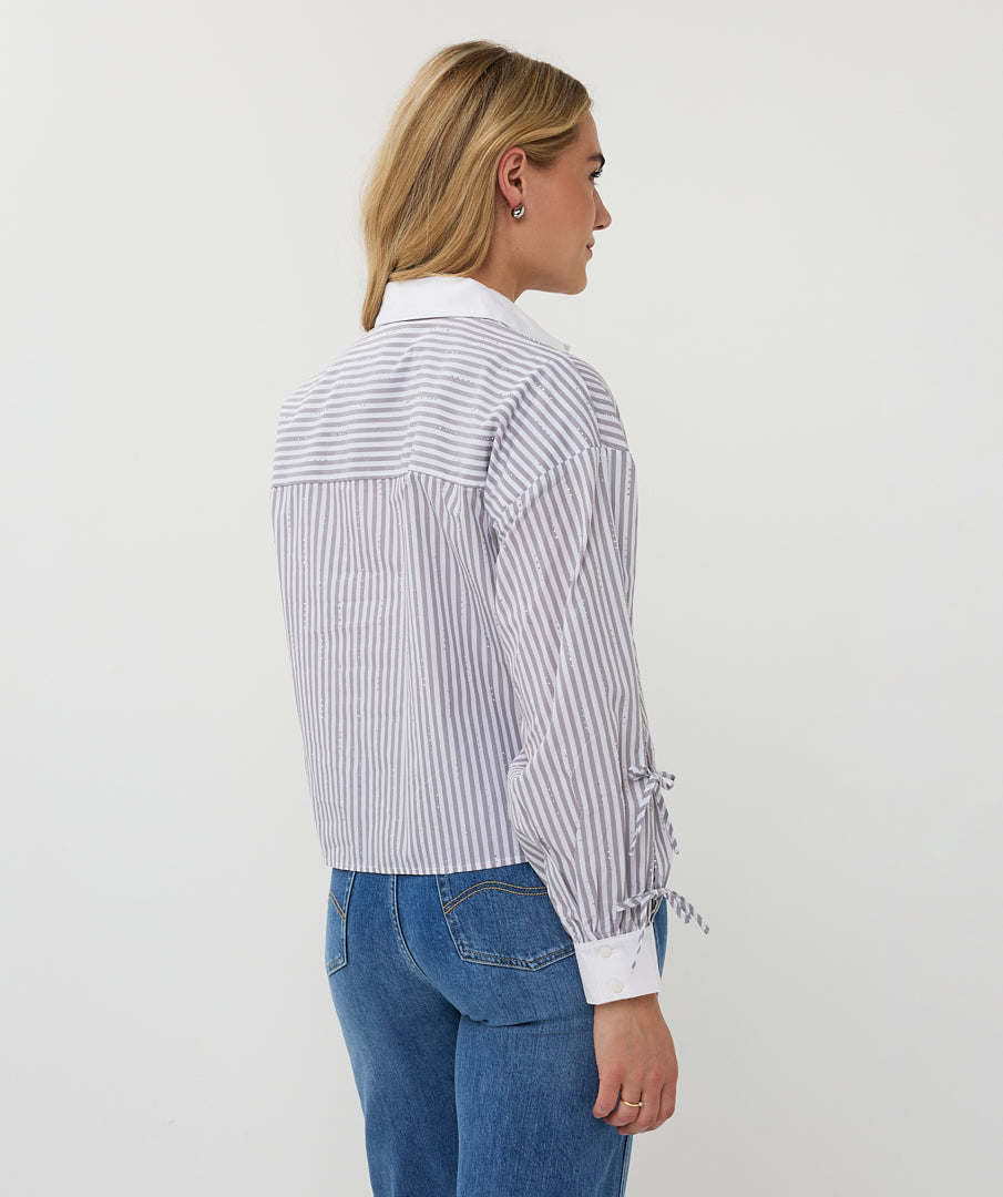 Esqualo Grey &amp; White Striped Gem Embellished Shirt