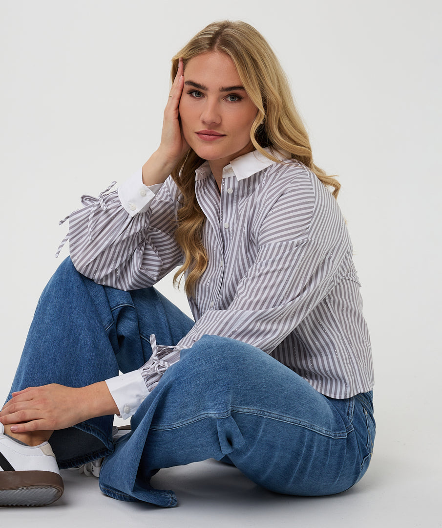 Esqualo Grey &amp; White Striped Gem Embellished Shirt