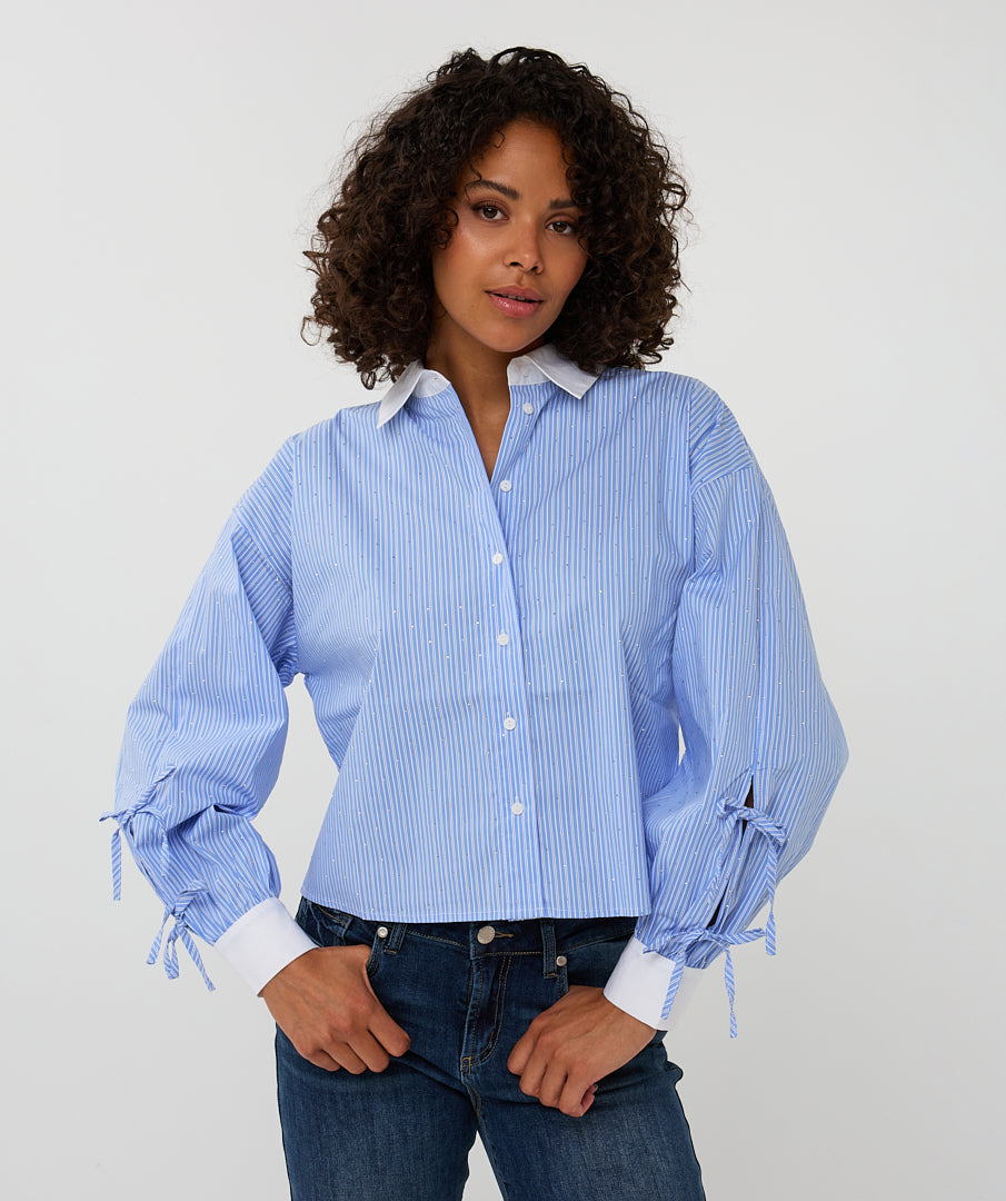 Esqualo Blue &amp; White Striped Gem Embellished Shirt