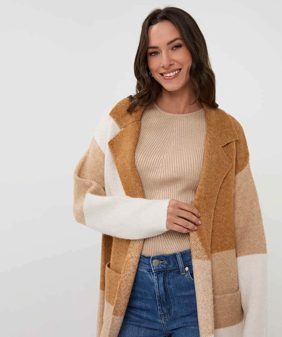 Esqualo Sand Colour Block Long Cardigan