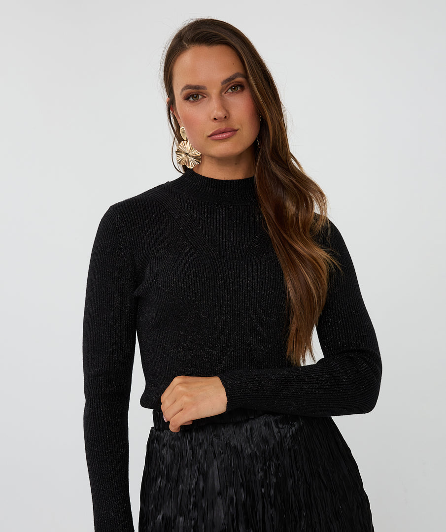 Esqualo Ribbed Lurex Mock neck Top Black