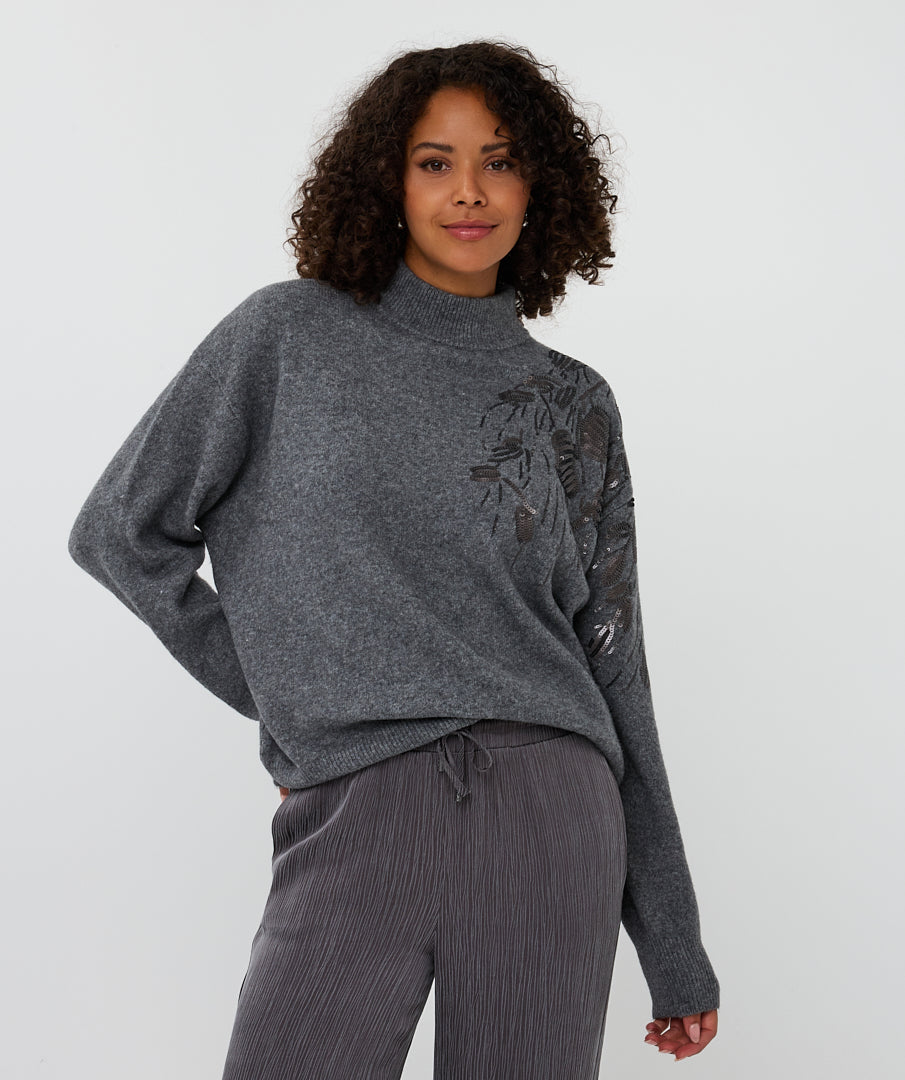 Esqualo Grey Sequin Floral Shoulder Sweater