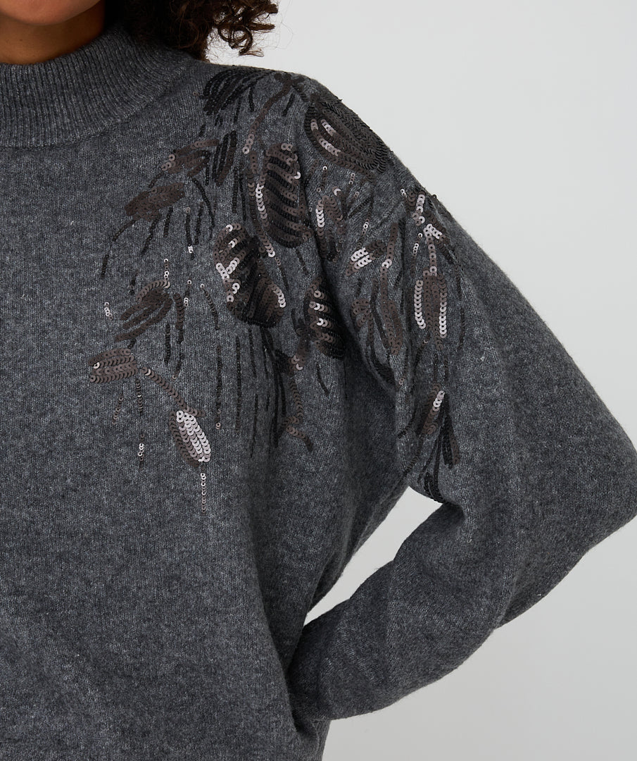 Esqualo Grey Sequin Floral Shoulder Sweater