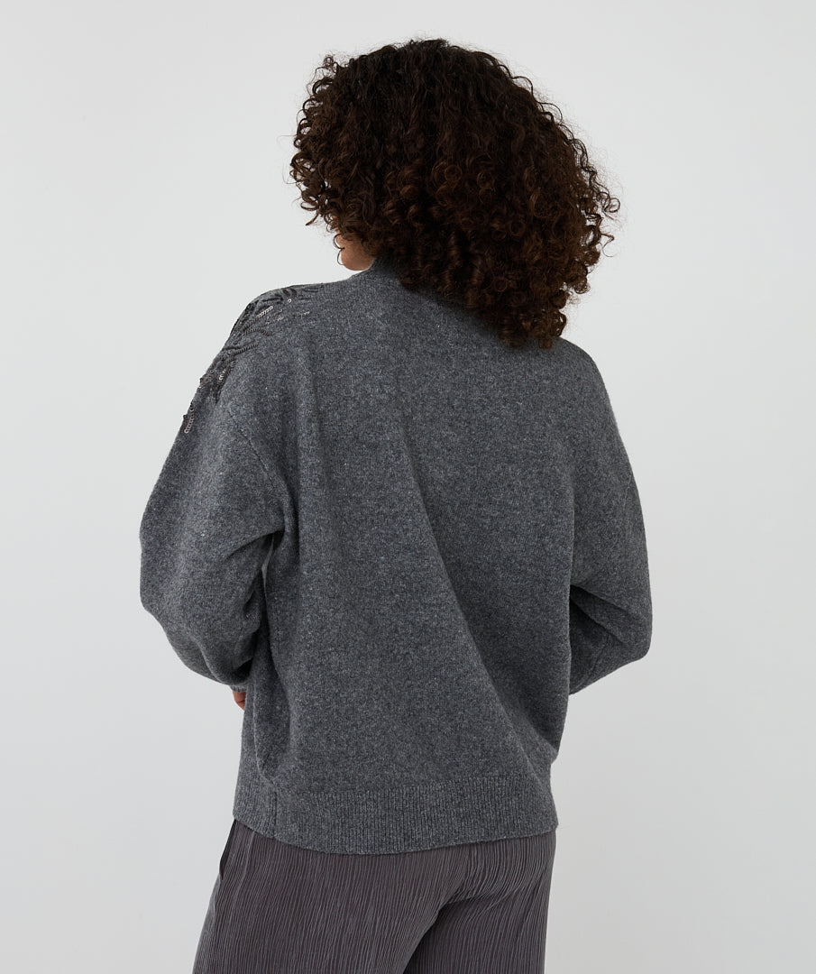 Esqualo Grey Sequin Floral Shoulder Sweater