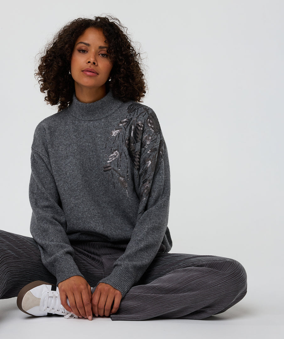 Esqualo Grey Sequin Floral Shoulder Sweater