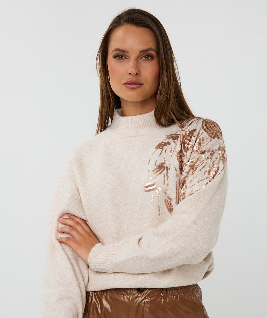 Esqualo Light Sand Sequin Floral Shoulder Sweater