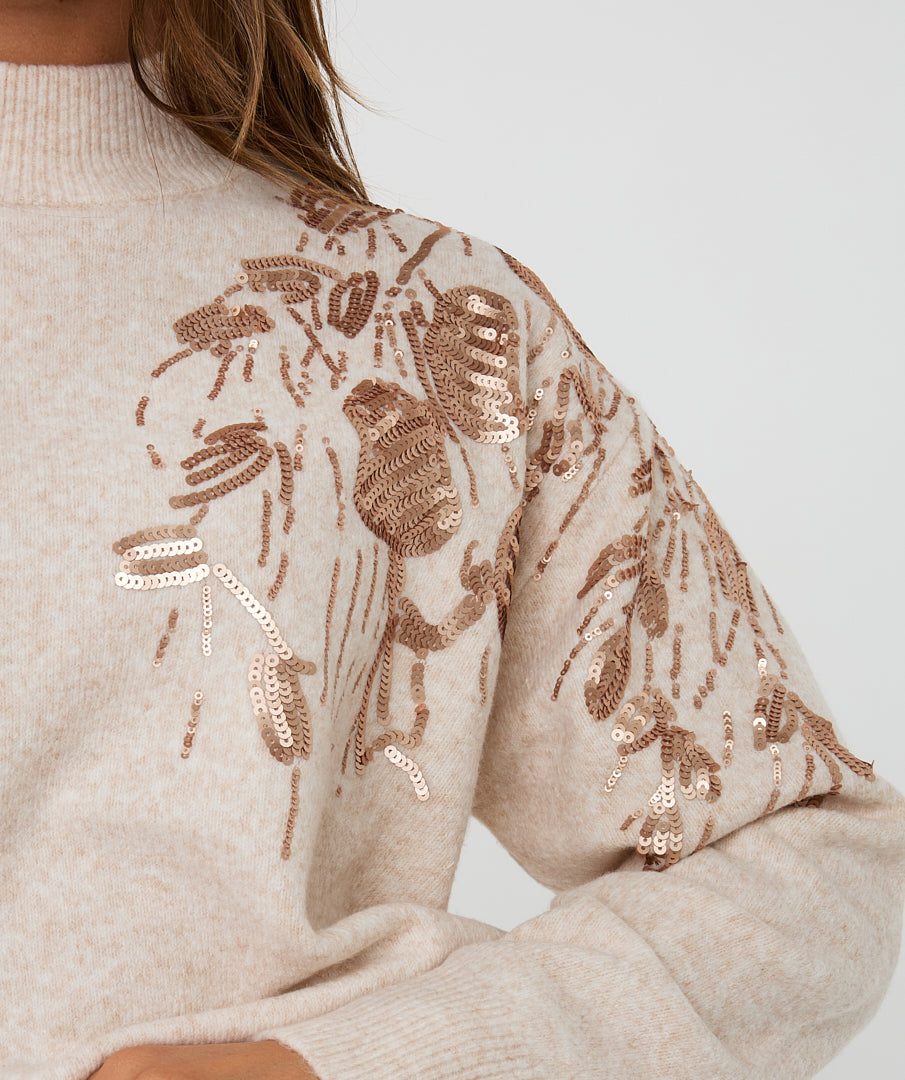Esqualo Light Sand Sequin Floral Shoulder Sweater
