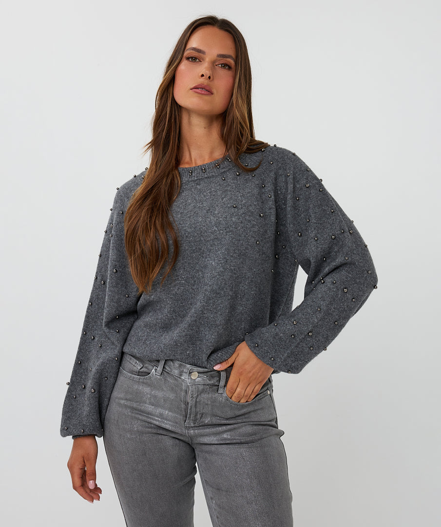 Esqualo Dark Grey Melange Beaded Shoulder Sweater