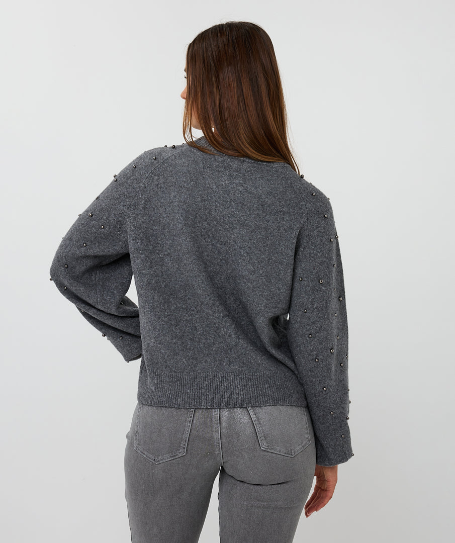 Esqualo Dark Grey Melange Beaded Shoulder Sweater
