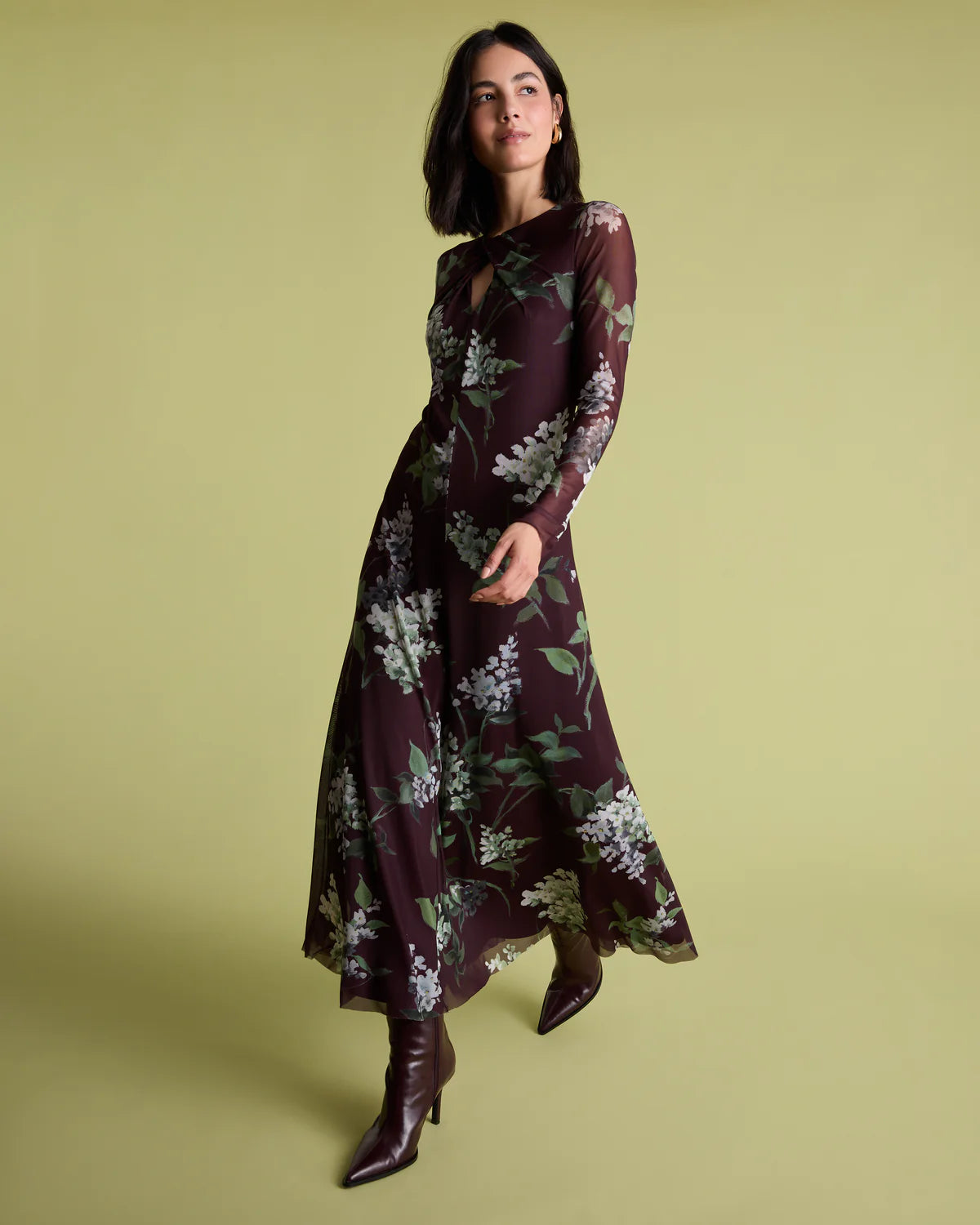Florere Burgandy Long Sleeved Floral Dress
