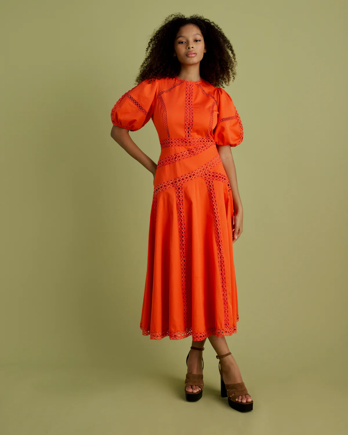 Florere Lace Detail Puff Sleeve Midi Dress