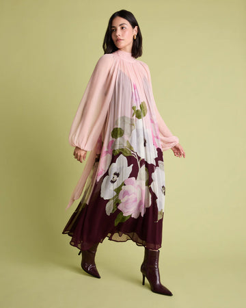 Florere Pink Floral Blussion Sleeve Midi Dress