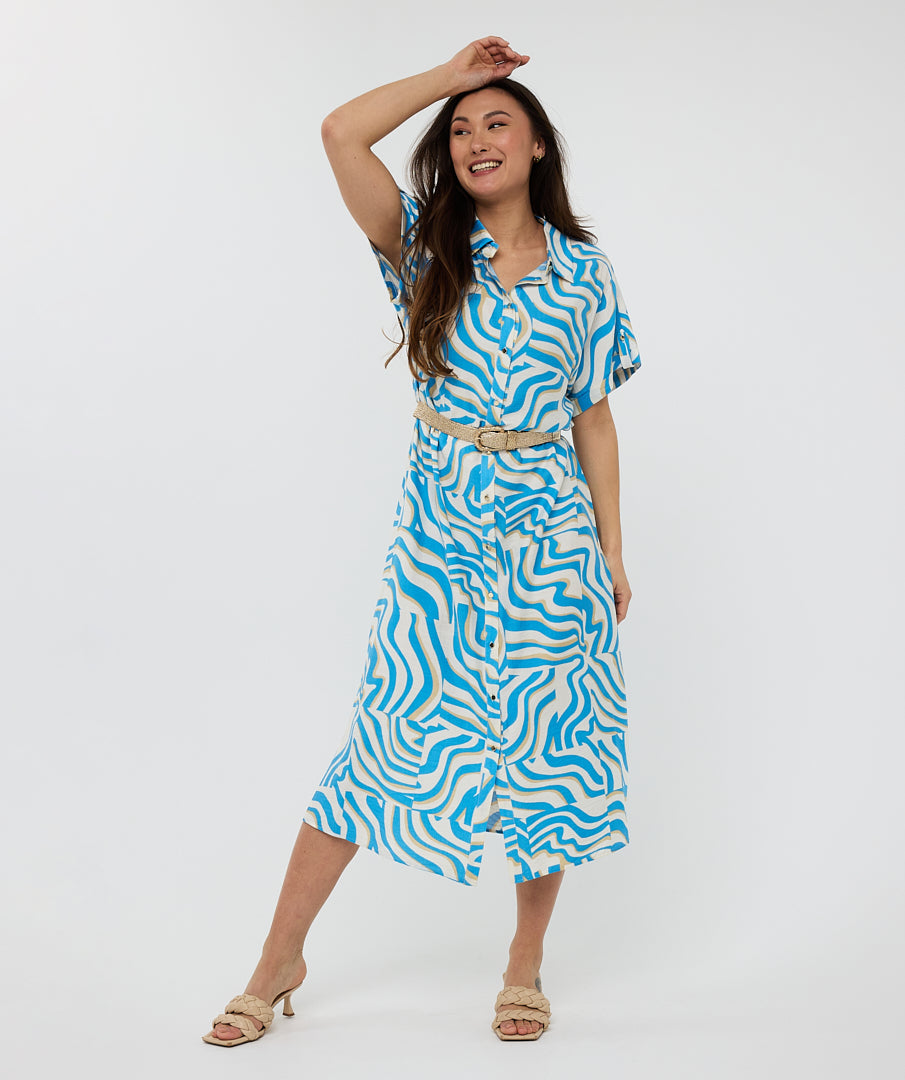Esqualo Belted Blue Zebra Print Dress