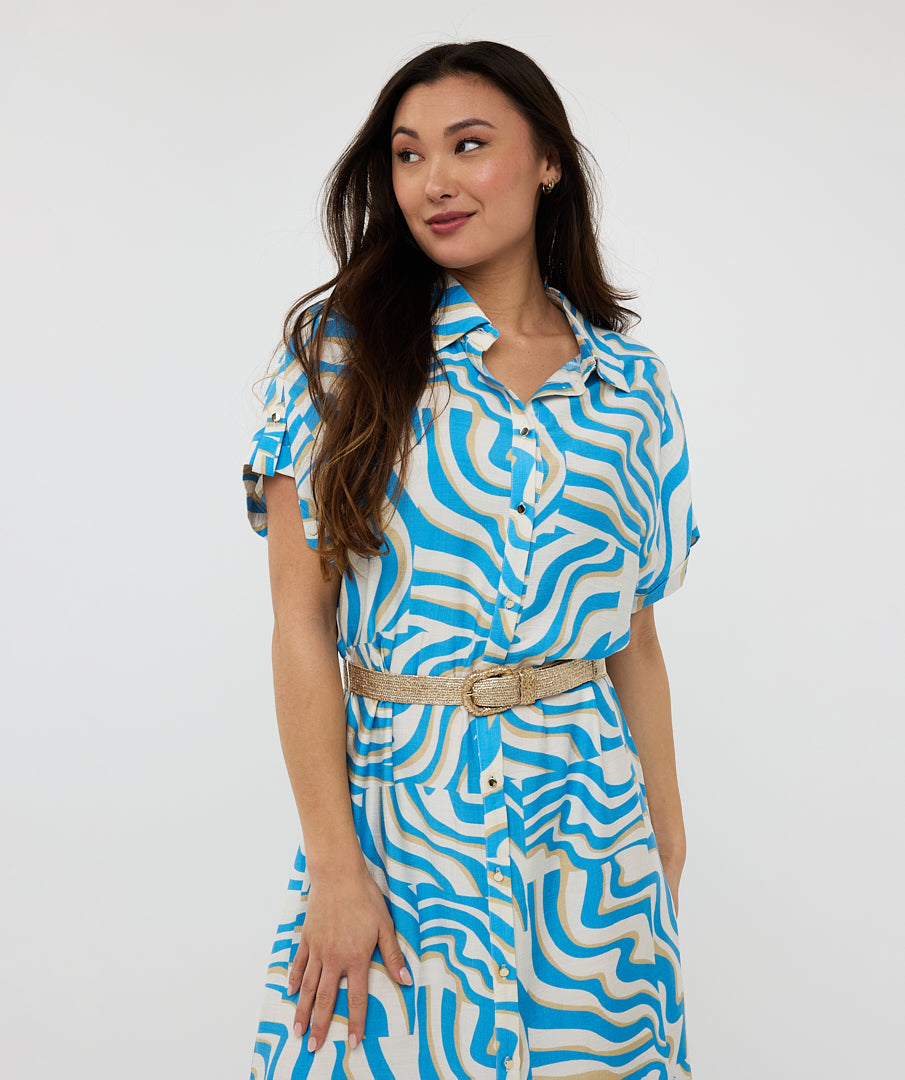 Esqualo Belted Blue Zebra Print Dress