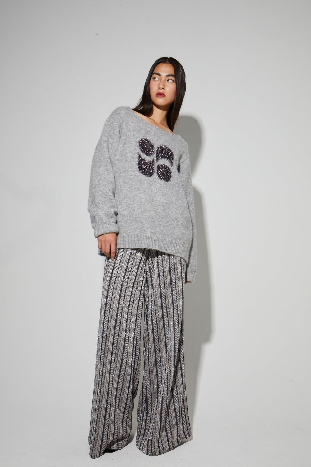 IMPREVU Silver Light Grey Stripes Charlie Tricot Trousers