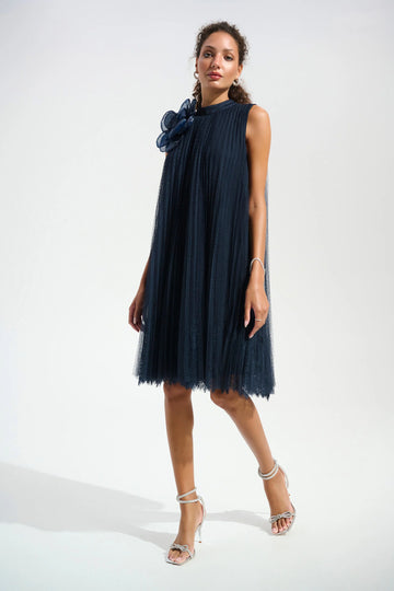Joseph RibkoffMidnight Blue Signature | Mesh And Lace A-Line Dress With Organza Flower Detail