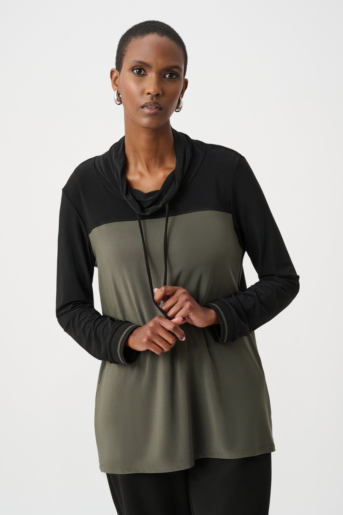 Joseph Ribkoff Avocado/Black Silky Knit Color Block Funnel-Neck Tunic