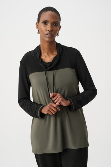 Joseph Ribkoff Avocado/Black Silky Knit Color Block Funnel-Neck Tunic