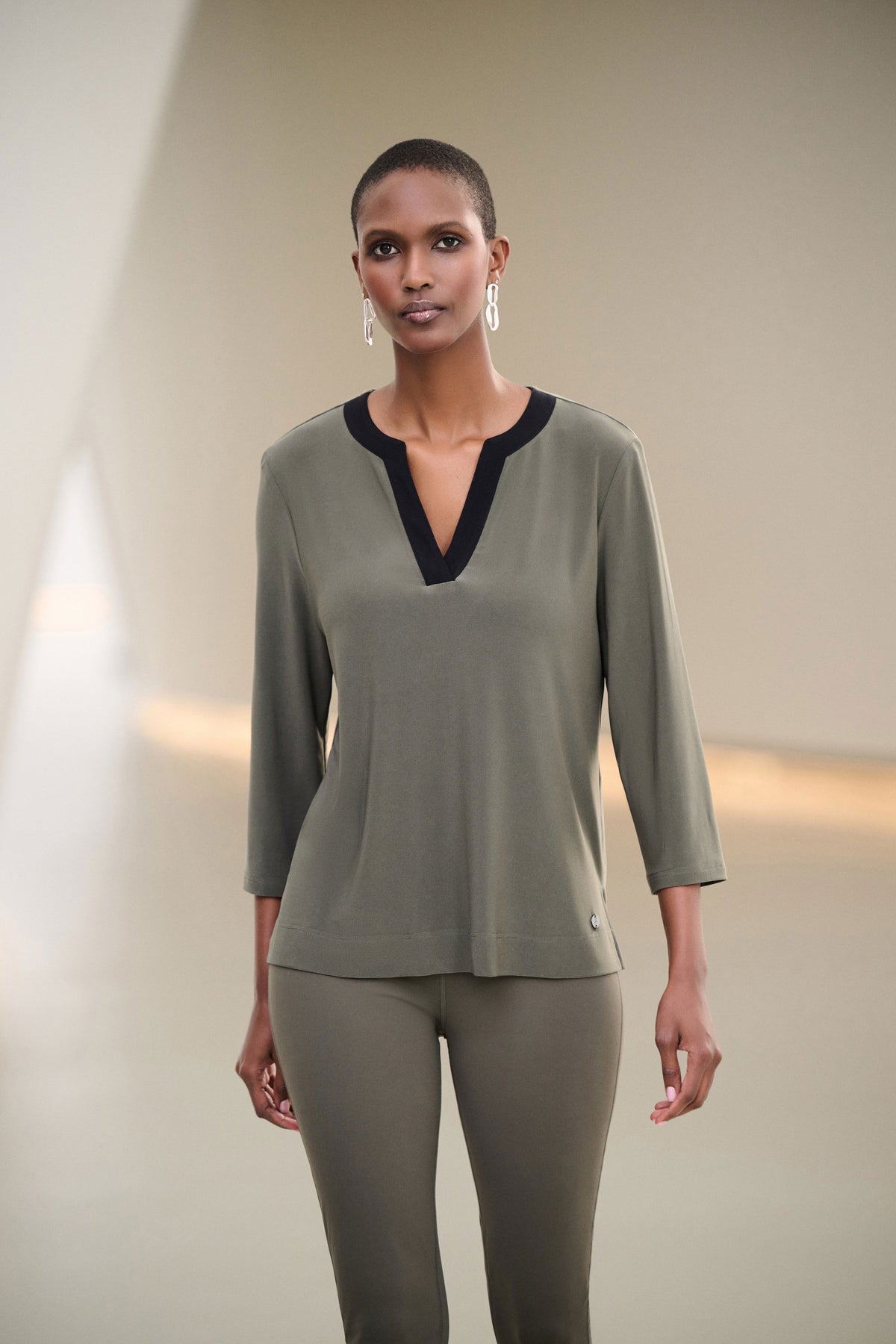 Joseph Ribkoff Avocado/Black Silky Knit Color Block Straight Top