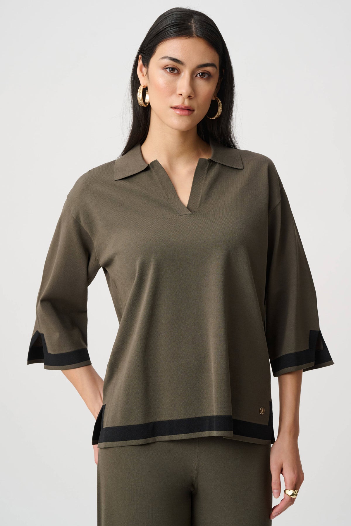 Joseph Ribkoff Avocado/Black Sweater Knit Colour Block Top