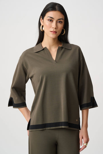 Joseph Ribkoff Avocado/Black Sweater Knit Colour Block Top
