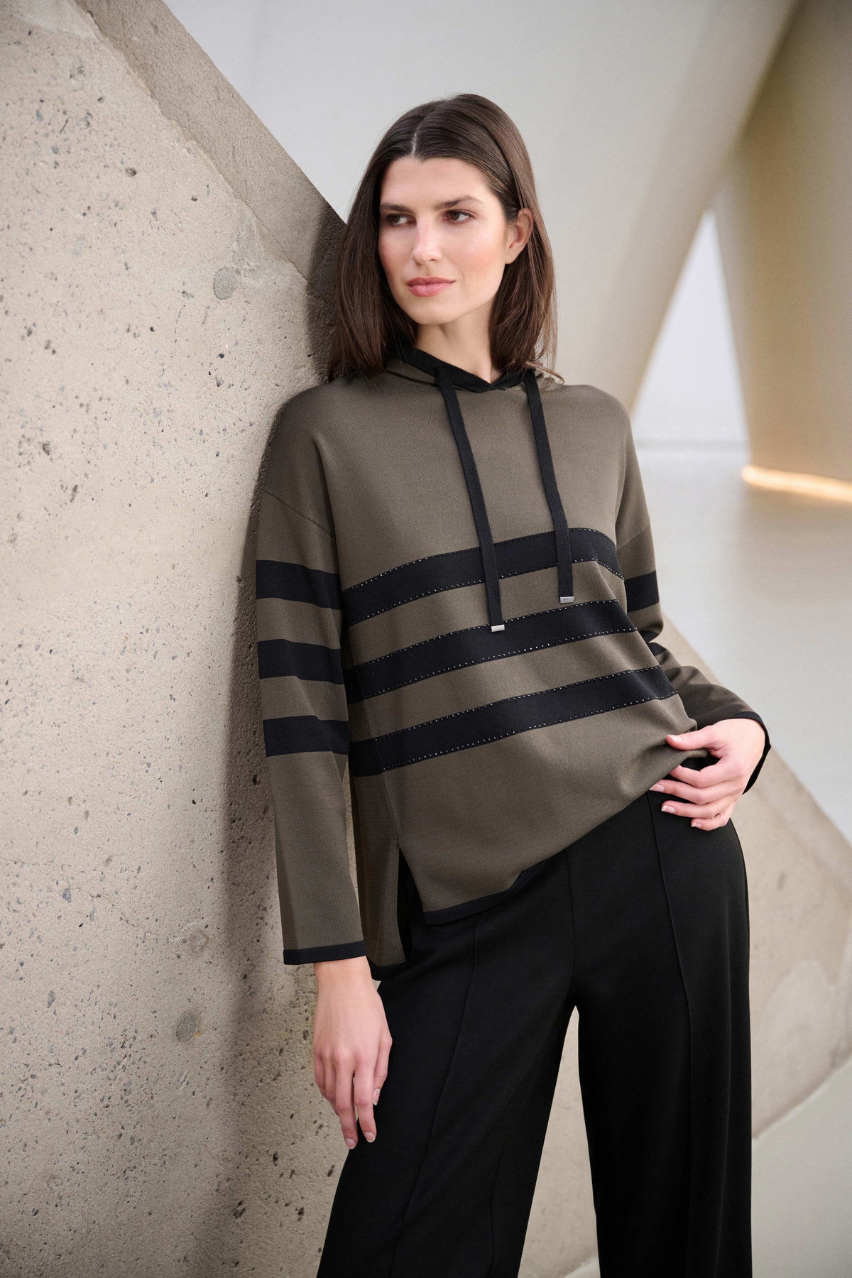 Joseph Ribkoff Avocado/Black Sweater Knit Striped Hooded Sweater
