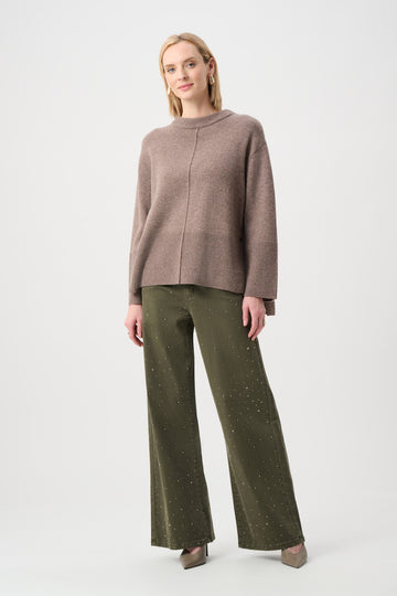Joseph Ribkoff Avocado Featherweave Denim Wide Leg Jeans With Rhinestones