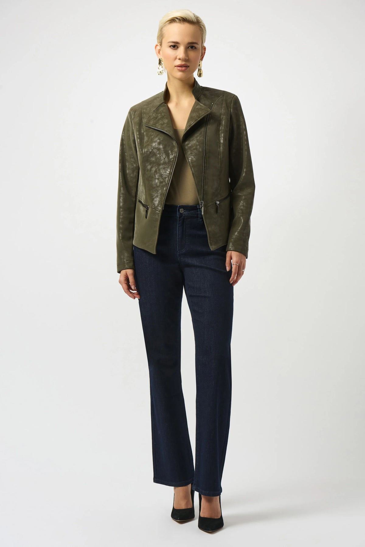 Joseph Ribkoff Avocado Foiled Faux Suede Fitted Moto Jacket