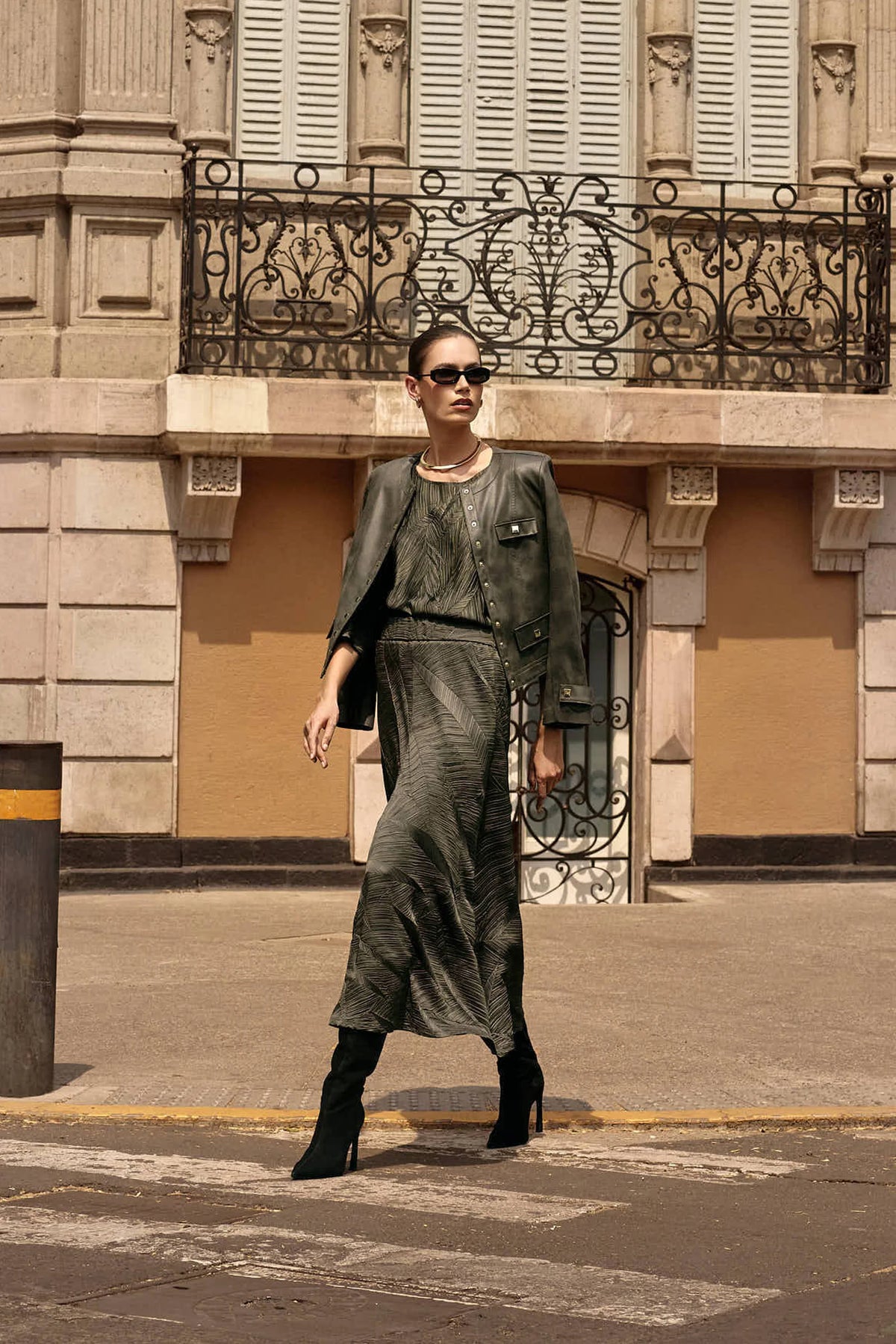 Joseph Ribkoff Avocado Pleated Satin Long Flared Skirt