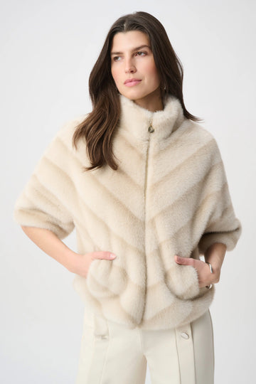 Joseph Ribkoff Beige/Almond Chevron Print Faux Fur Jacket