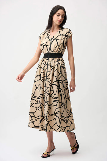 Joseph Ribkoff Beige/Black Seersucker Abstract Print Fit and Flare Dress