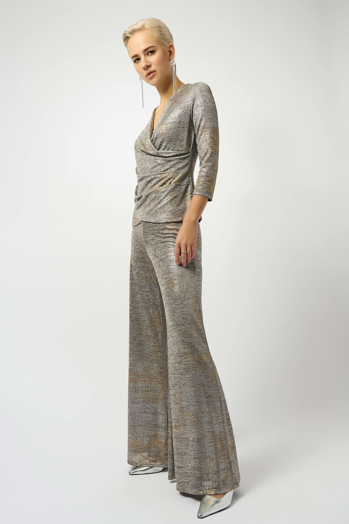 Joseph Ribkoff Beige/Multi Foiled Mélange Knit Wrap Top