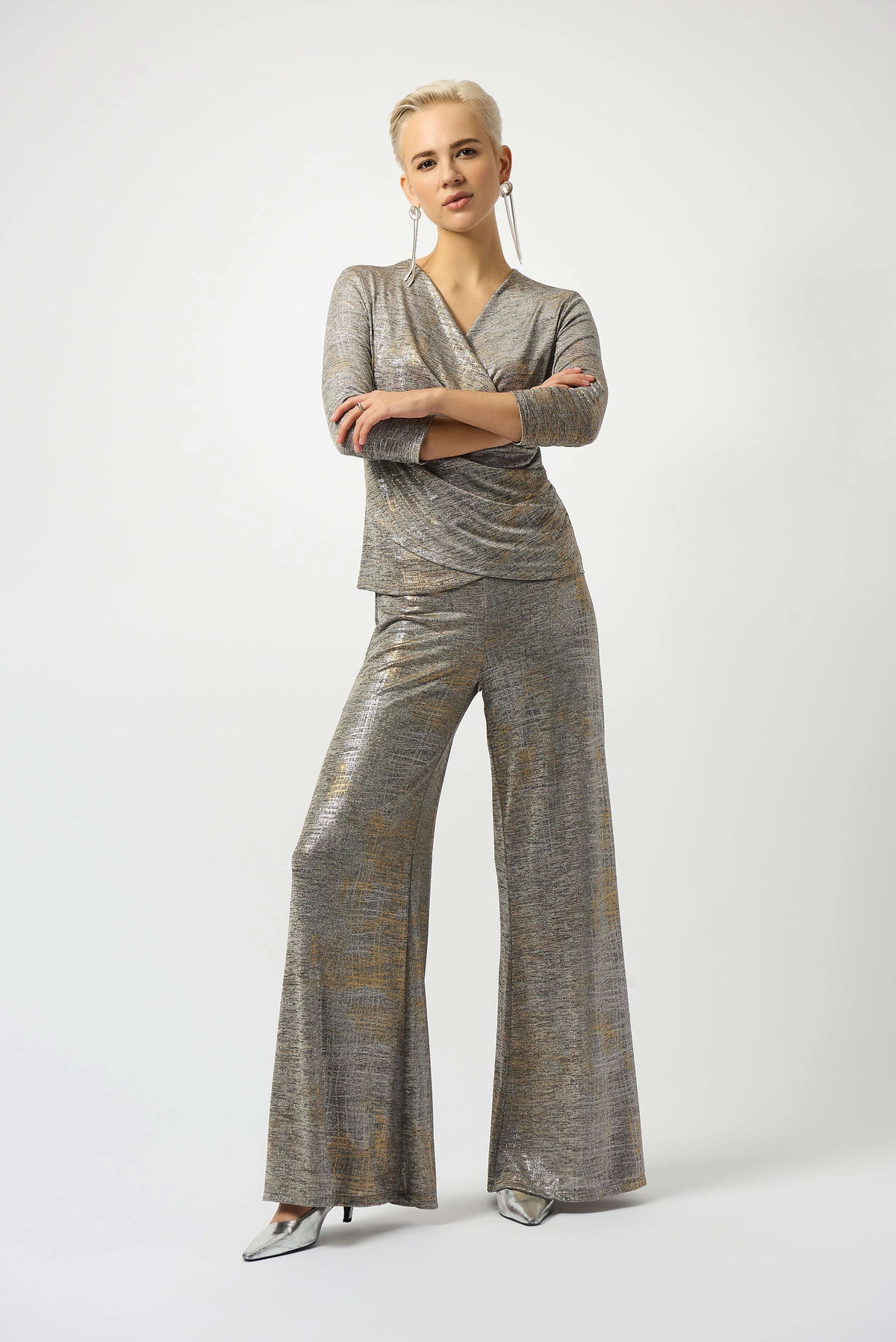 Joseph Ribkoff Beige/Multi Foiled Melange Knit Wide-Leg Pants