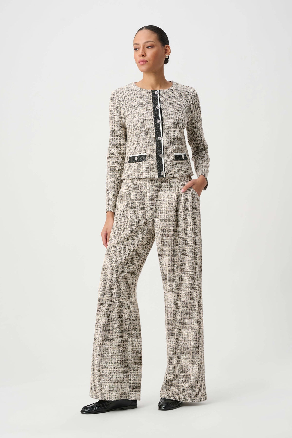 Joseph Ribkoff Beige/Multi Plaid Boucle Wide-Leg Pants