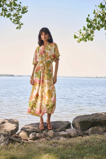 Joseph Ribkoff Beige/Multi Recycled Woven Tropical Print Fit And Flare Dress