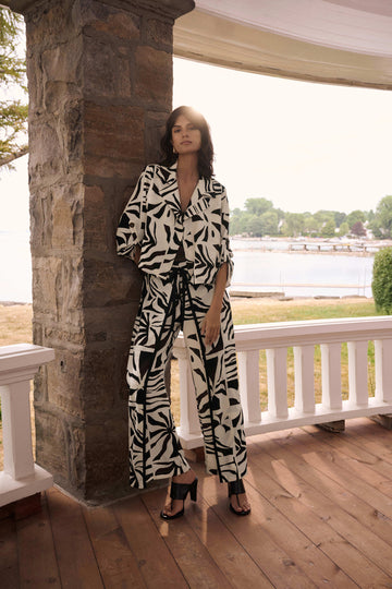 Joseph Ribkoff Beige/Multi Woven Gauze Tropical Print Wide Leg Pants