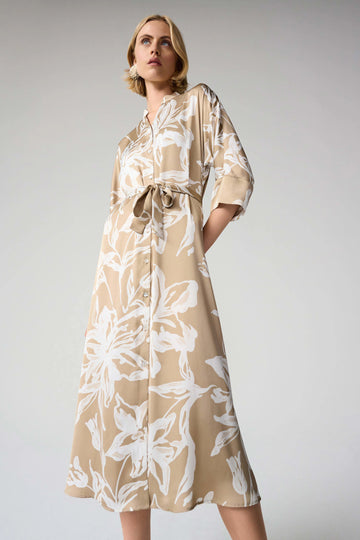 Joseph Ribkoff Beige/Vanilla Recycled Satin Floral Print Trapeze Shirt Dress With Sash