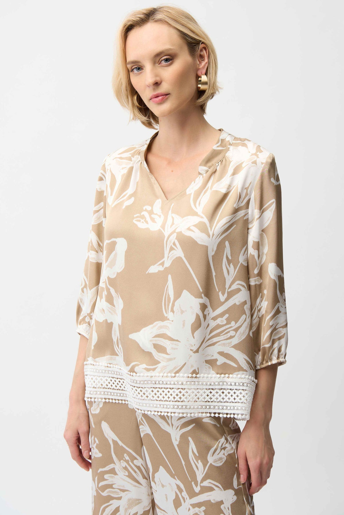 Joseph Ribkoff Beige/Vanilla Satin Floral Print Straight Top With Mandarin Collar