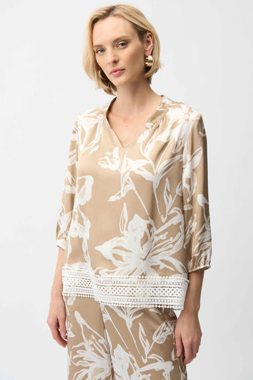 Joseph Ribkoff Beige/Vanilla Satin Floral Print Straight Top With Mandarin Collar