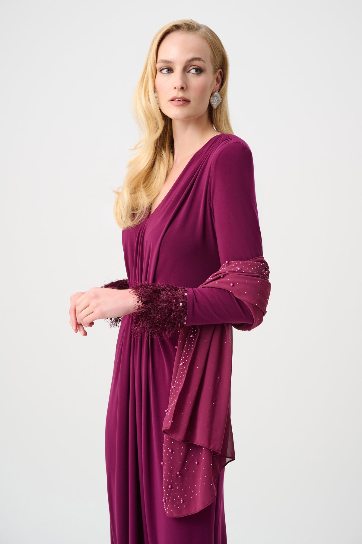 Joseph Ribkoff Berry Burst Signature | Chiffon Rectangular Scarf With Rhinestones and Pearls