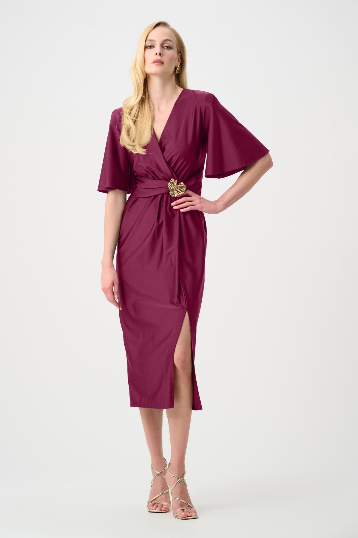 Joseph Ribkoff Berry Burst Signature | Satin Knit Wrap Dress With Ruched Waistband
