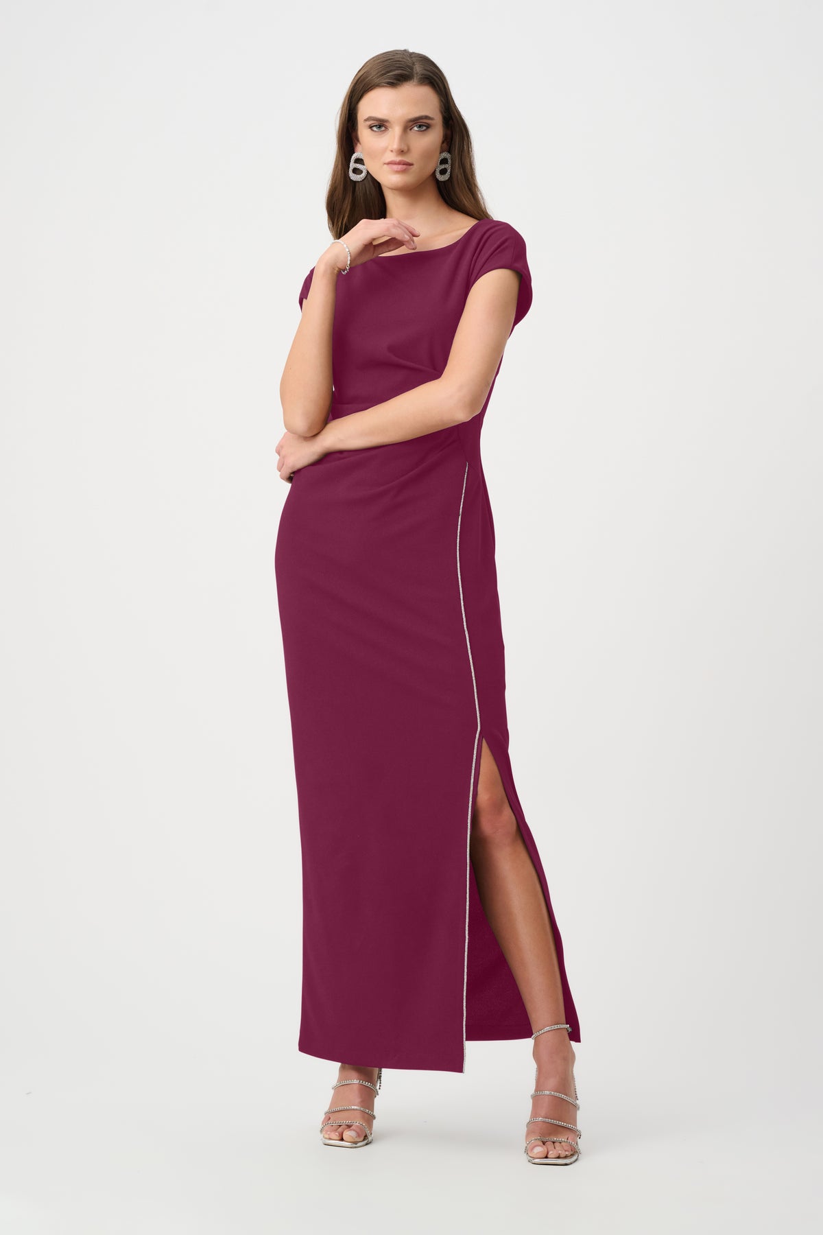 Joseph Ribkoff Berry Burst Signature | Scuba Crepe Sheath Gown With Rhinestones Piping