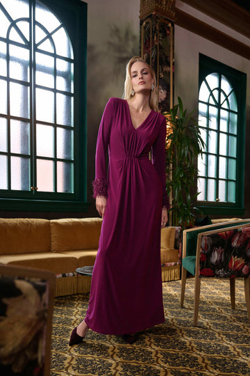 Joseph Ribkoff Berry Burst Signature | Silky Knit Fitted Gown With Fringe
