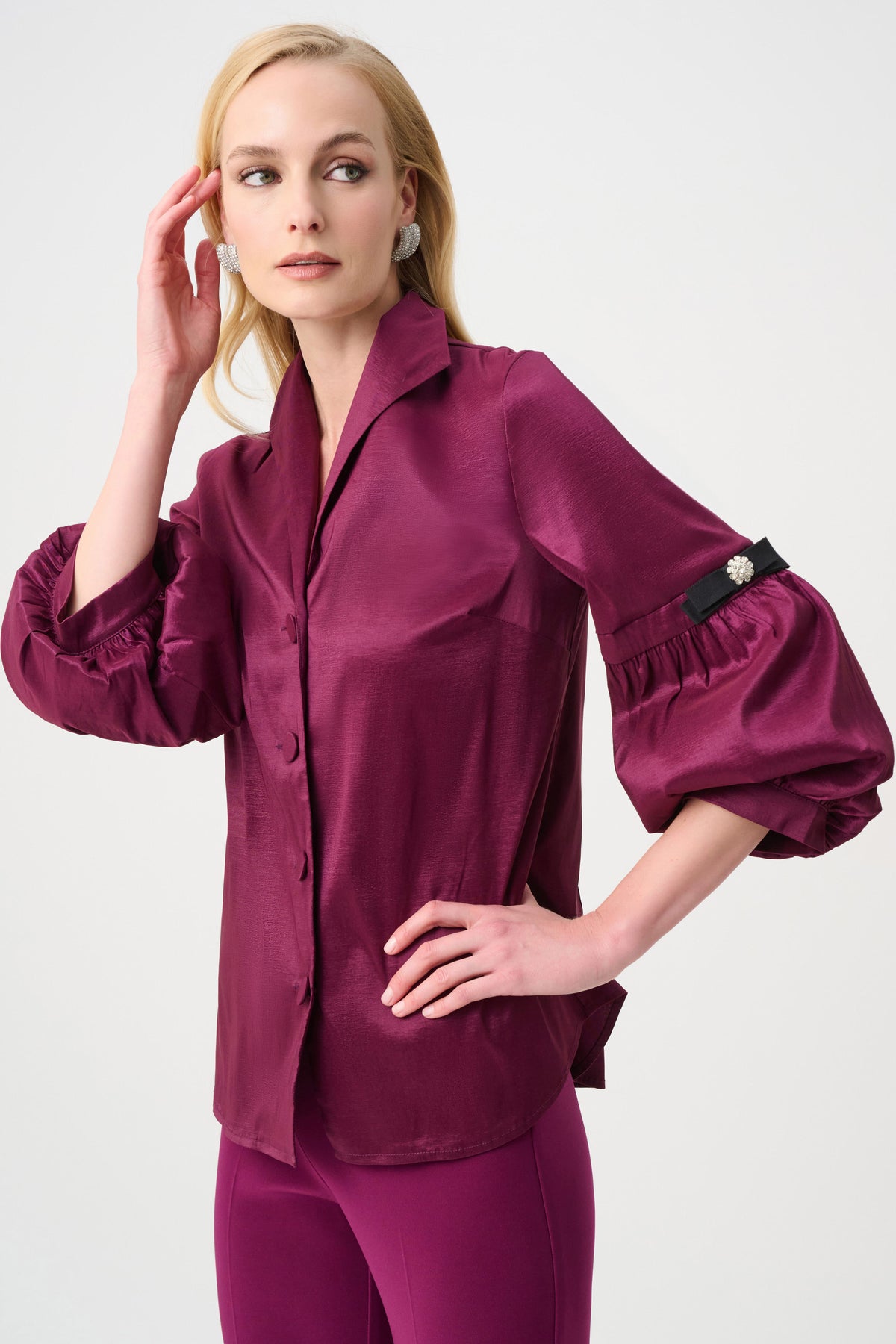 Joseph Ribkoff Berry Burst Signature | Stretch Taffeta Fitted Blouse With Rhinestone Buttons