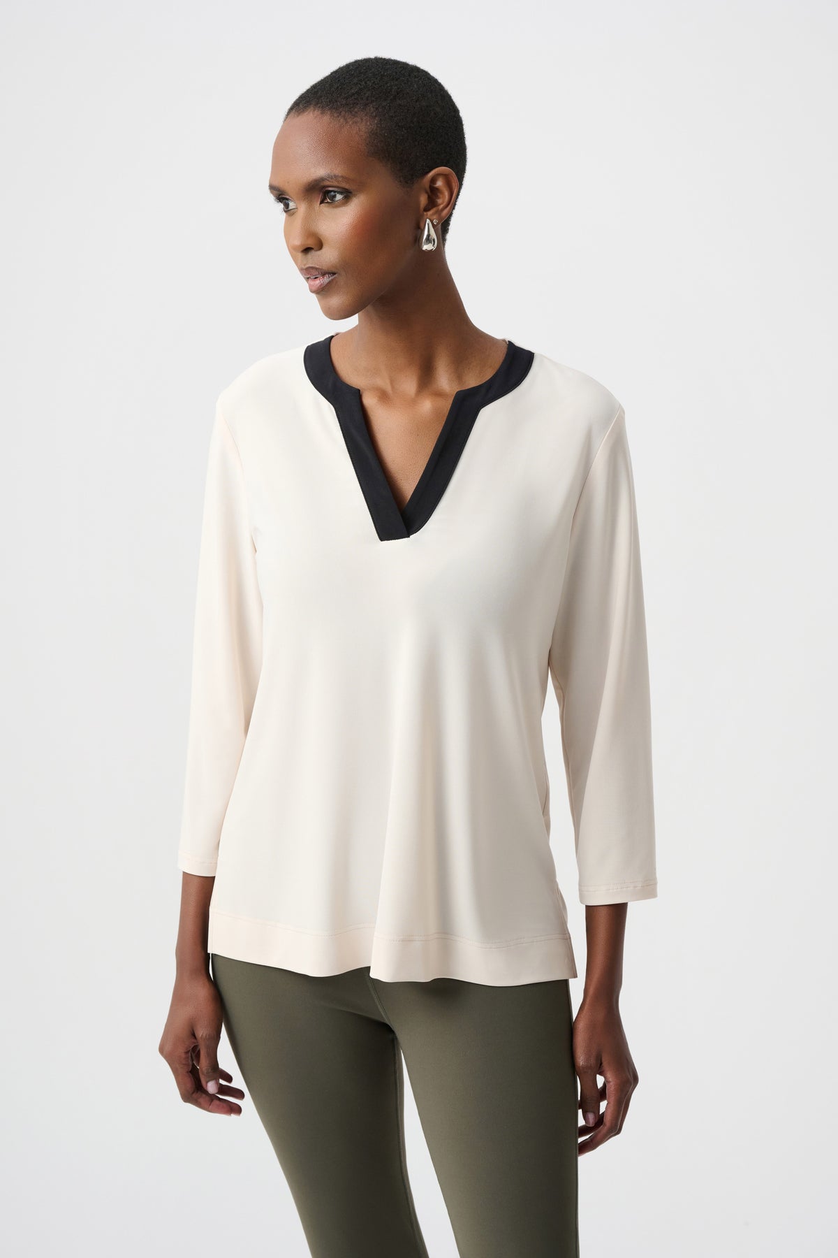 Joseph Ribkoff Birch/Avocado Silky Knit Color Block Straight Top