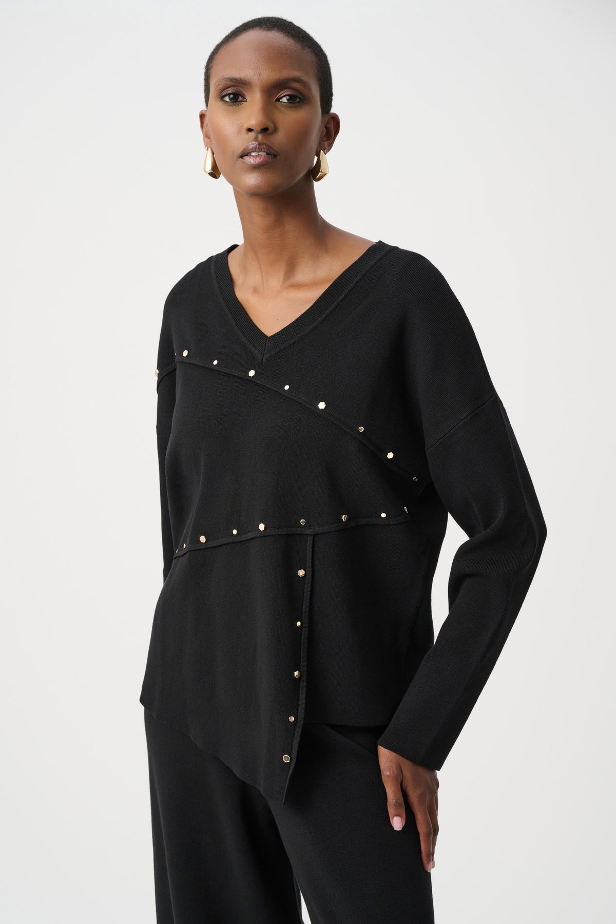 Joseph Ribkoff Black Asymmetric Sweater With Metal Stud Detail