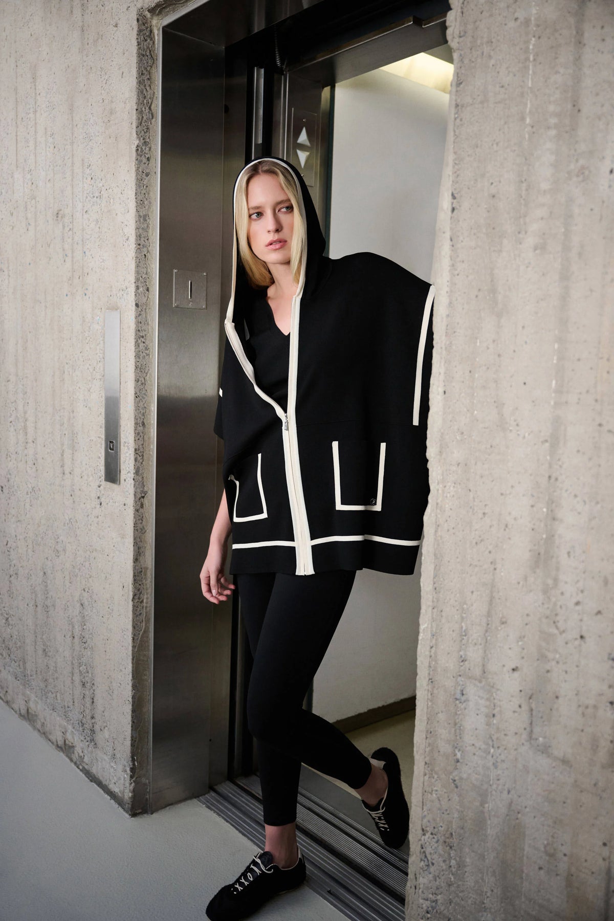 Joseph Ribkoff Black/Birch Dry Viscose Hooded Boxy Jacket