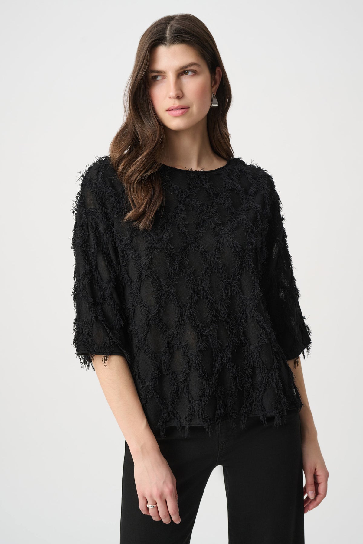 Joseph Ribkoff Black Boat Neck Fringe Sweater