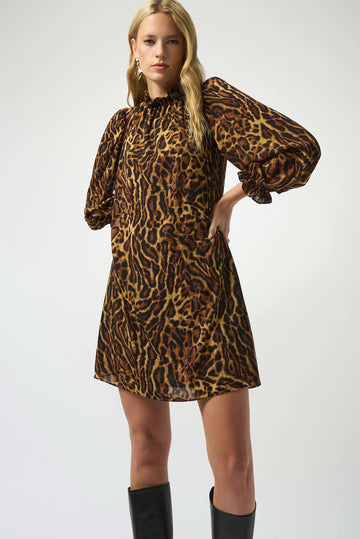 Joseph Ribkoff Black/Brown Recycled Georgette Animal Print Trapeze Dress