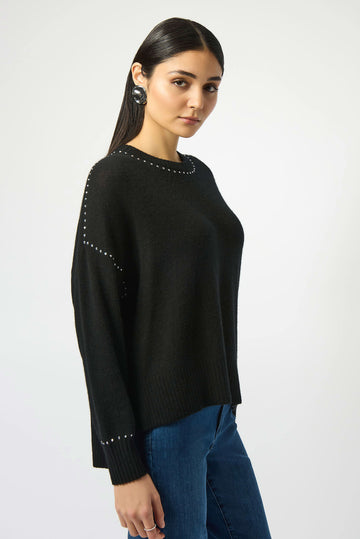 Joseph Ribkoff Black Cashmere Crew Neck Top with Stud Detailing
